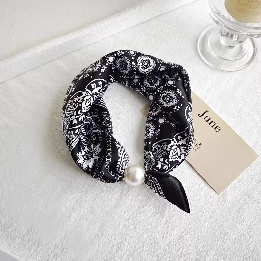 Spring Summer Thin Pearl Silk Scarves Magnetic Buckle Lazy Scarf Women Girls Sweet Elegant Pendant Collarbone Chain Neck Scarf - Ice Cream Cake