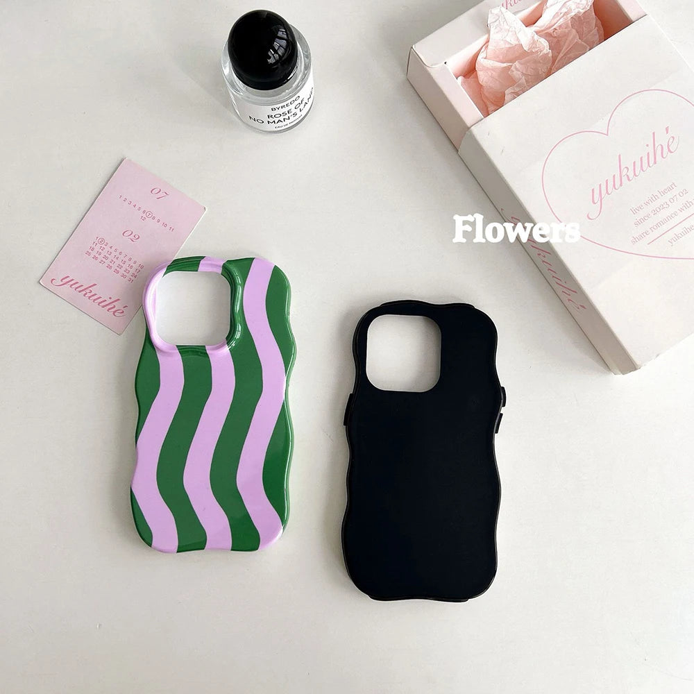 Fashion 2 in 1 Glossy Stripes Phone Case for iPhone 13 14 15 16 17 Pro Max Wave Edges Comfortable Touch Hard Slim Back Cover - Ice Cream Cake