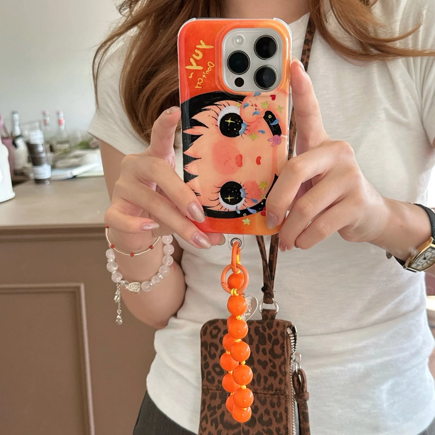 Cartoon Crying Girl iPhone Case With Beaded Wrist Strap
