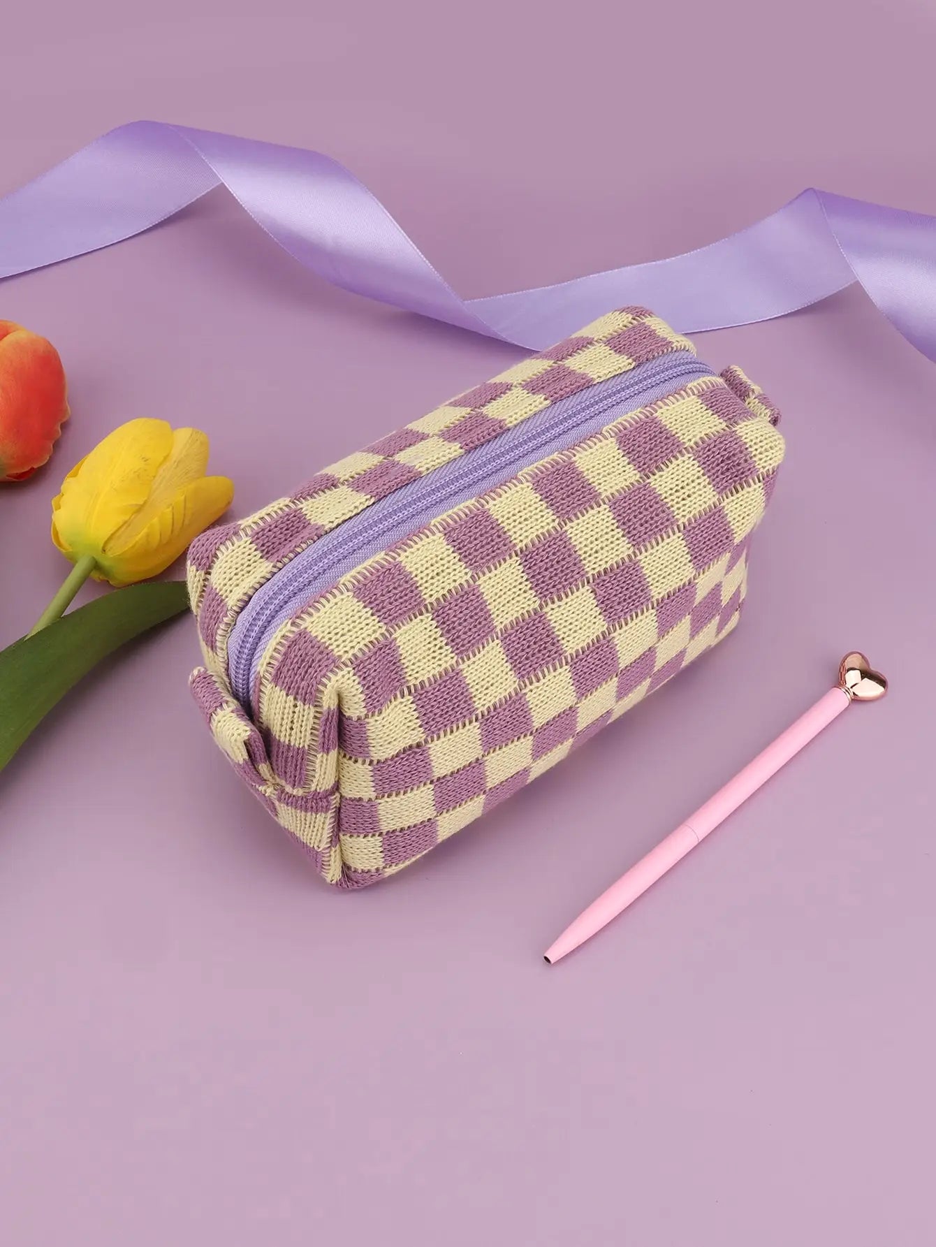 Purple Checkerboard Zipper Pouch