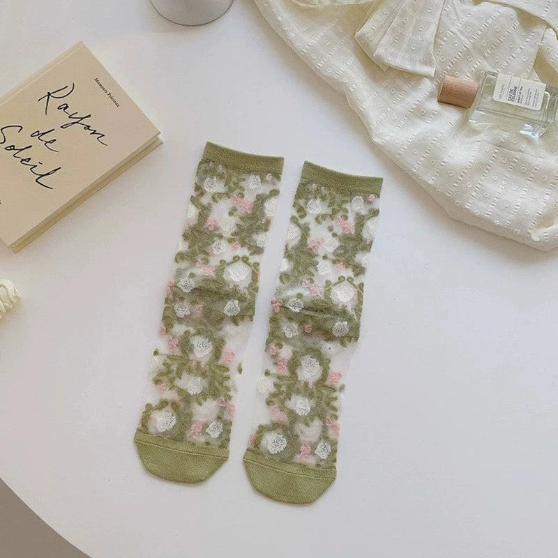 Transparent Floral Crew Socks