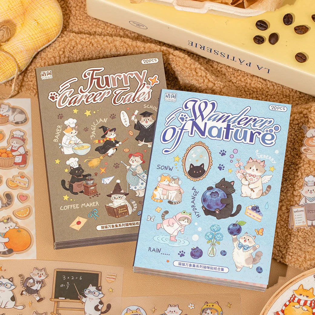 Two sticker books titled 'Furry Career Tales' and 'Wanderer of Nature' on a textured surface with scattered stickers.