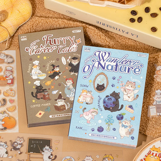 Two sticker books titled 'Furry Career Tales' and 'Wanderer of Nature' on a textured surface with scattered stickers.