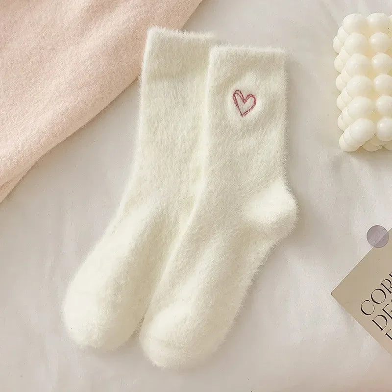 Fuzzy Heart Embroidery Crew Socks