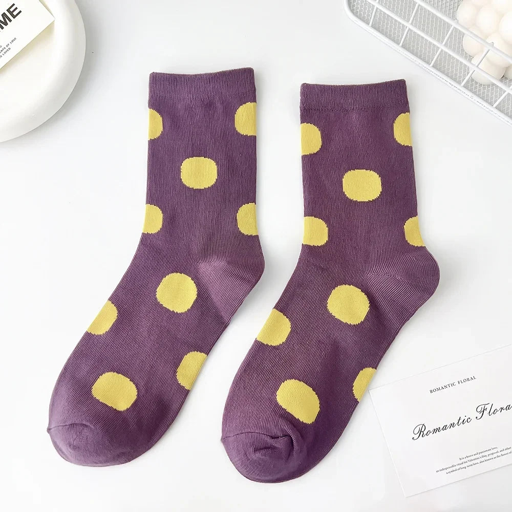 5 Pairs Comfort Rainbow Polka Dot Socks Casual Japanese Dot Sweat Retro Modern Women Mid tube Sweet Style Skin Friendly Sweat - Ice Cream Cake