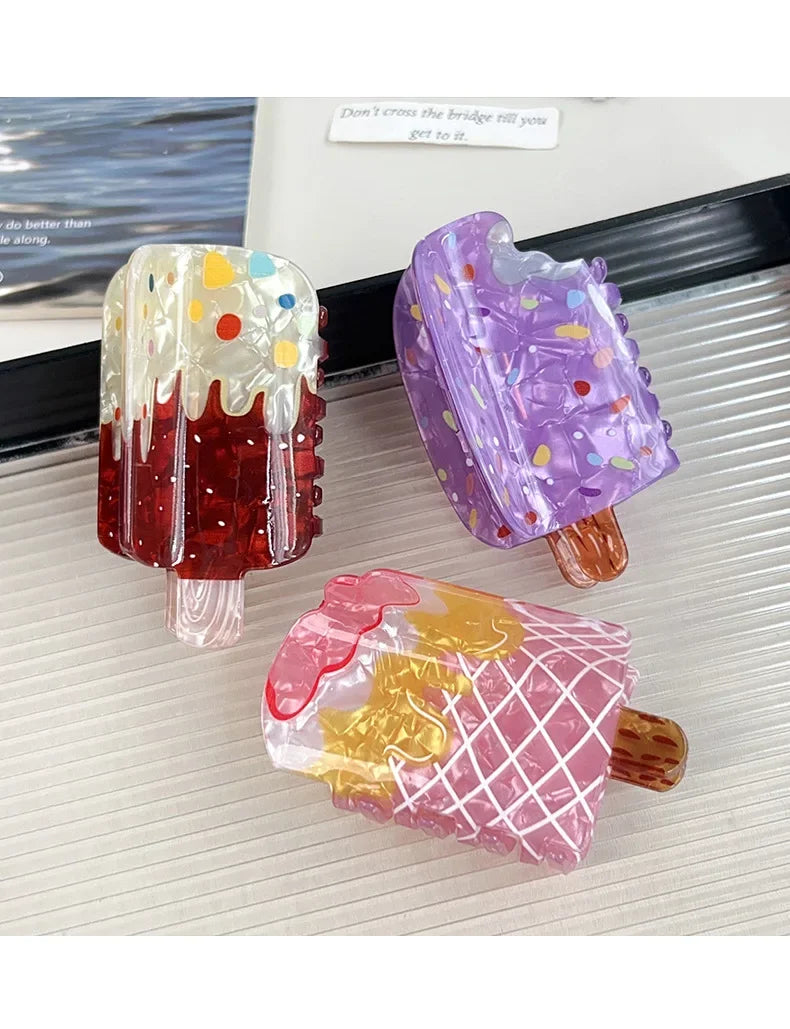 Creative Vacation Watermelon Ice Cream Hair Clip Summer Cartoon Chocolate Ice Cream Shark Clip Half-up Hair Accessory for Women - Ice Cream Cake