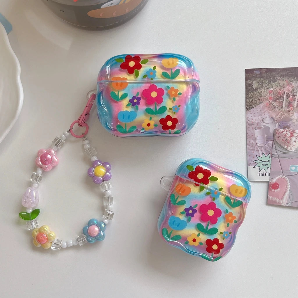 Fashion Dopamine Colorful Flower Print With Beaded Charm Pendant Protect Earphone Cover Case for AirPods 1 or 2 3 4 Pro 2 Pro 3 - Ice Cream Cake