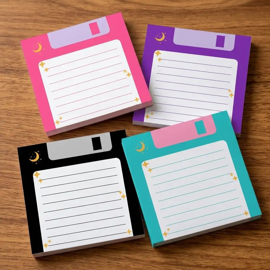 Four mini sticky note pads designed to look like retro floppy disk drives, arranged on a wooden surface. The colors include pink, purple, black, and teal, each with a white lined writing area decorated with gold crescent moon and star illustrations.