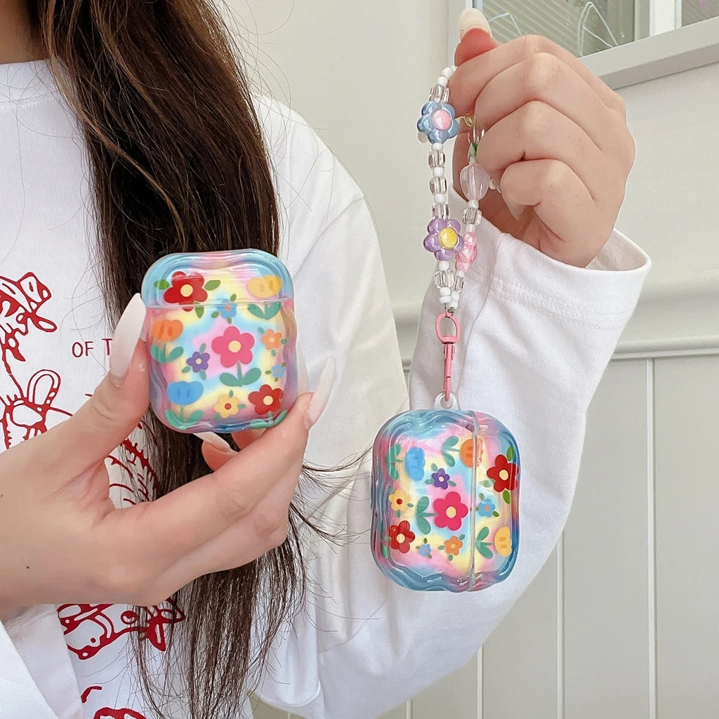 Fashion Dopamine Colorful Flower Print With Beaded Charm Pendant Protect Earphone Cover Case for AirPods 1 or 2 3 4 Pro 2 Pro 3 - Ice Cream Cake