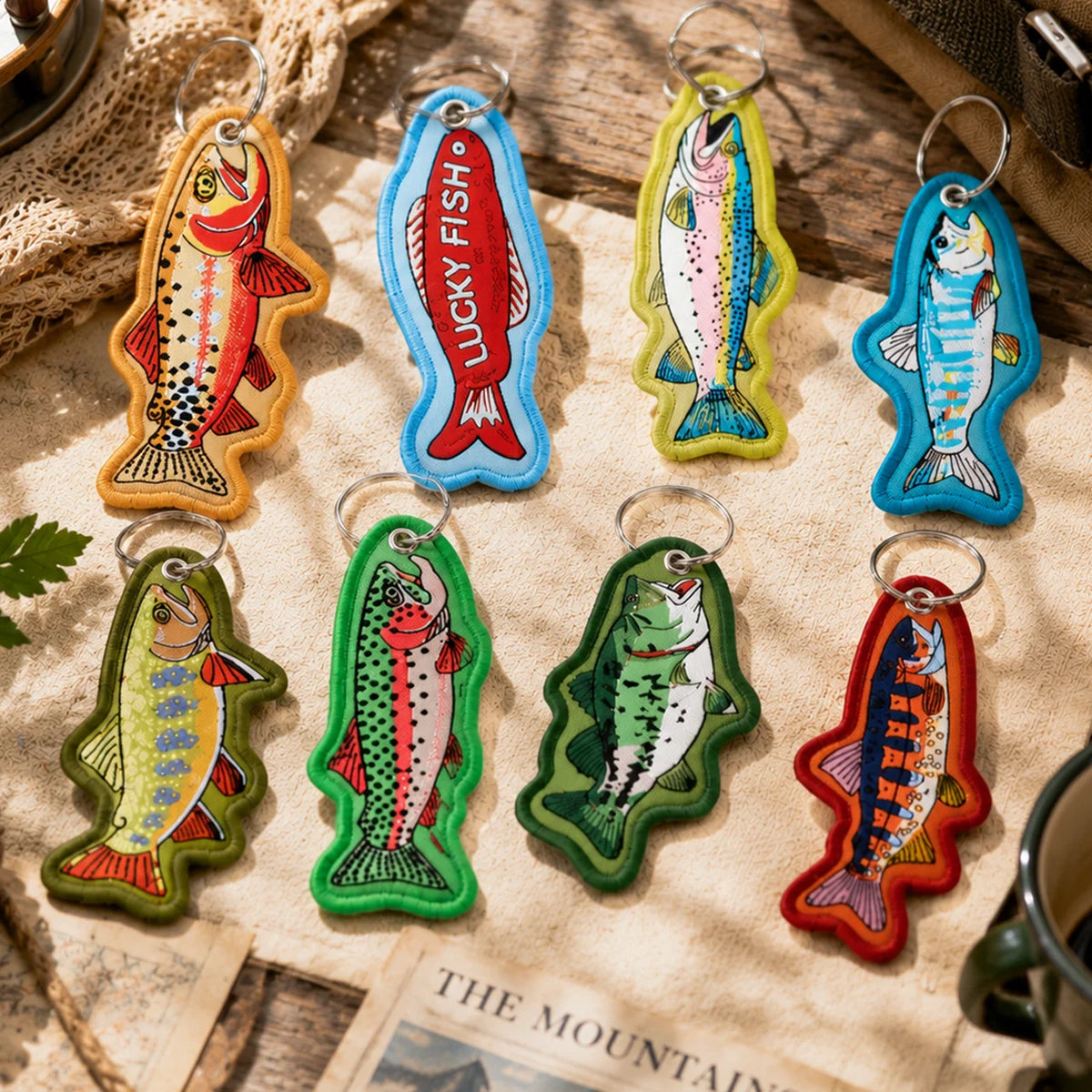 Eight embroidered fish-shaped keychains in assorted bright colors are arranged on a rustic beige fabric surface with wood and camping-themed props in the background.