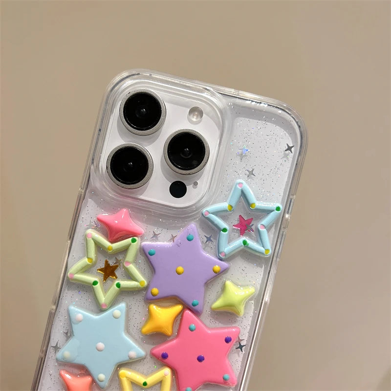 Bling 3D Dopamine Stars Phone Case for iPhone 16 15 14 13 Plus 12 Pro Max 11 Glitter Colorfur Transparent Cover Cases - Ice Cream Cake