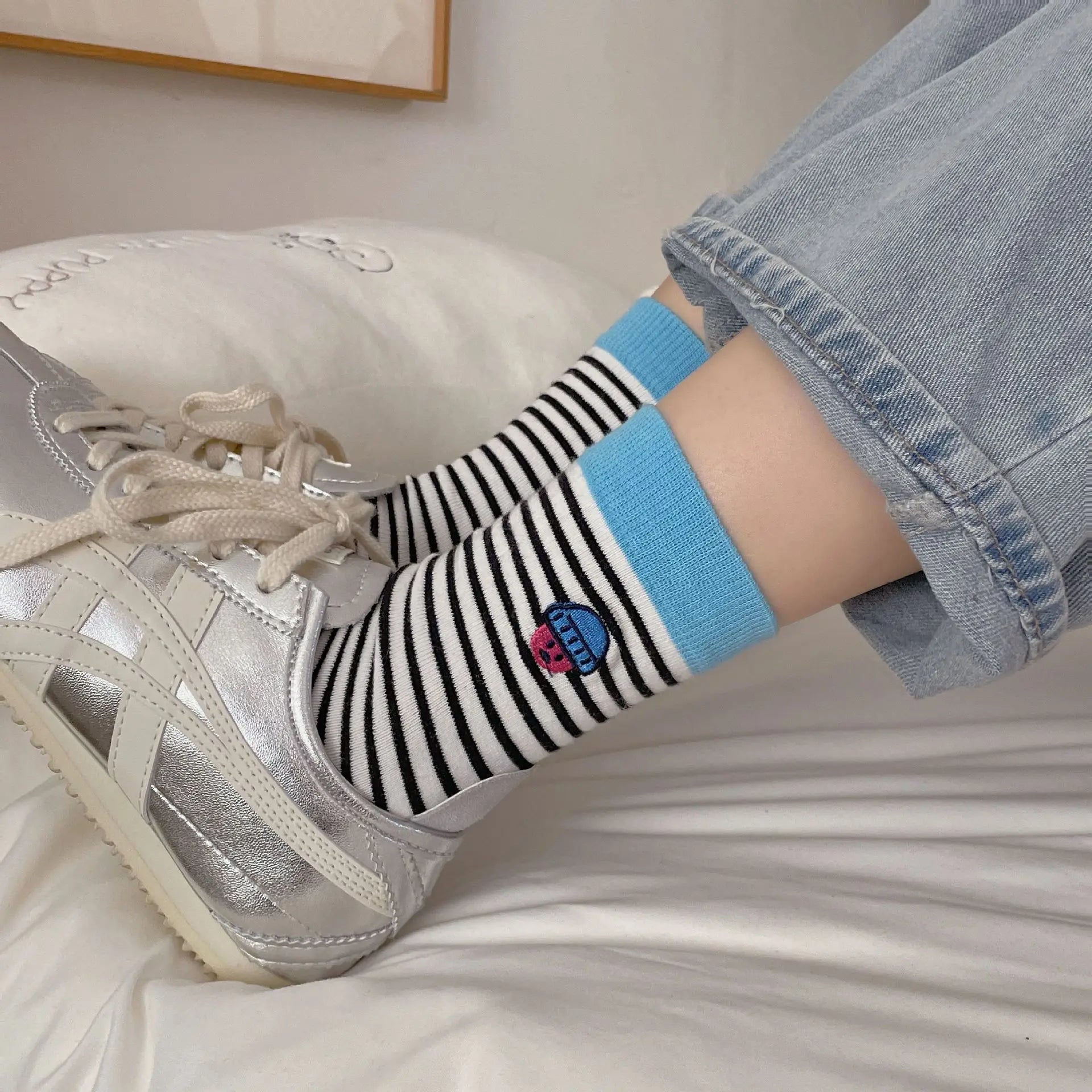 Happy Stripe Character Crew Socks - Ice Cream Cake