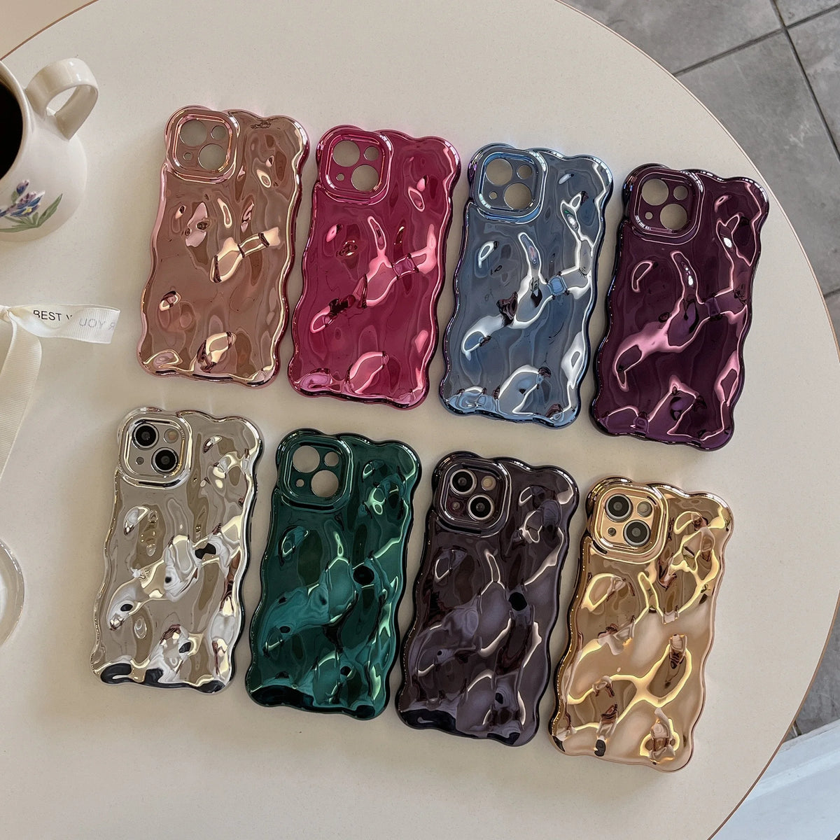 Luxury Wavy 3D Meteorite Texture Plating Silver Case for iPhone 11 12 13 14 15 Pro Max Anti-Fall Full Protection Glossy Cover - Ice Cream Cake