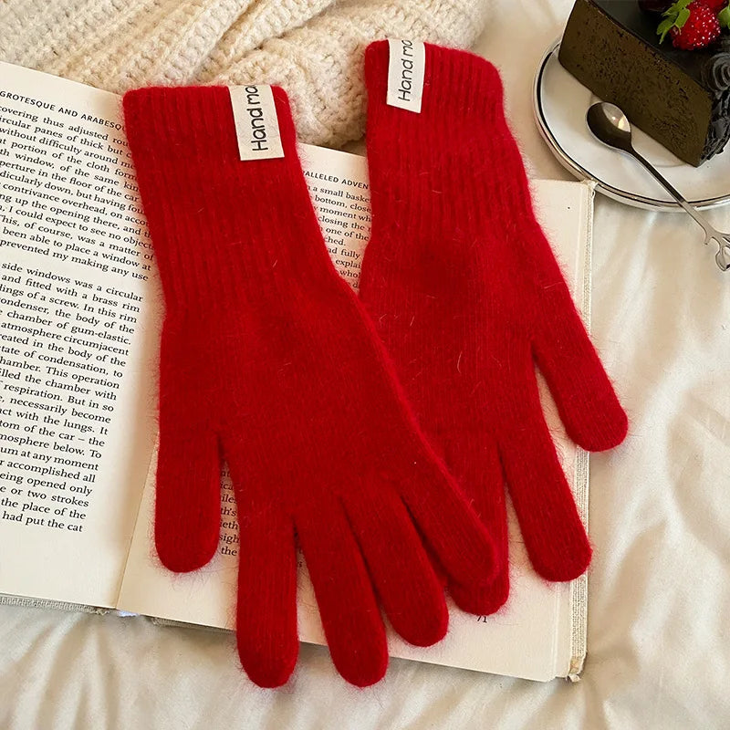 Women Wool Cashmere Gloves Cable Knit Touchscreen Finger Hole Winter Autumn Warm Wrist Length Classic Gloves Female Mitten - Ice Cream Cake