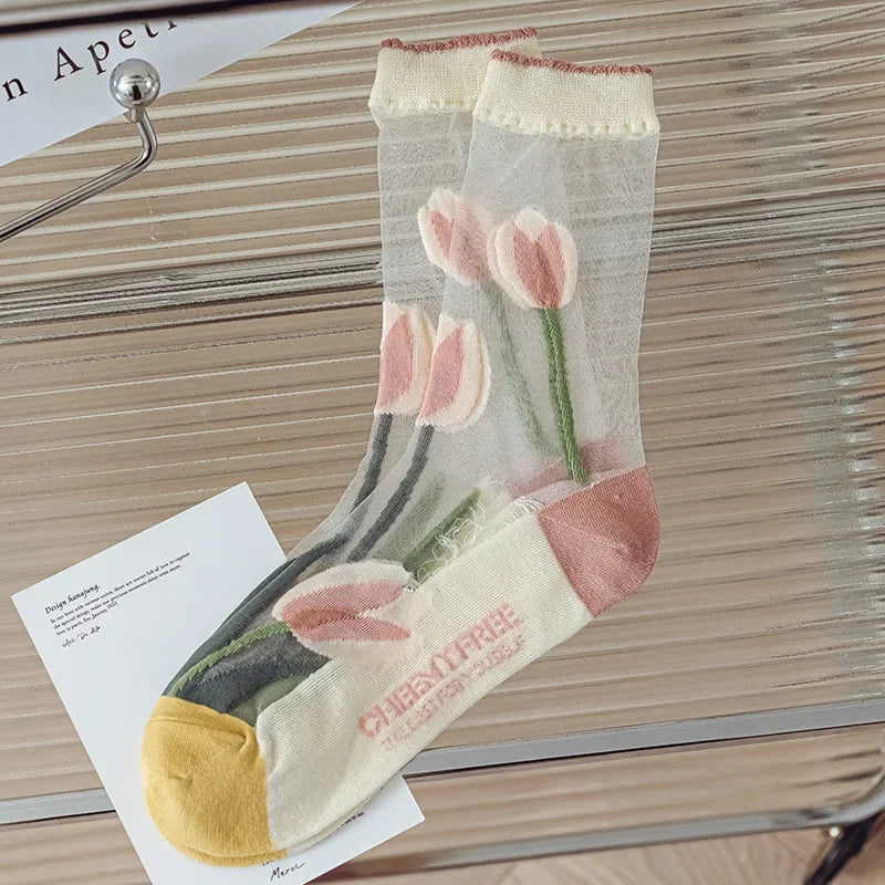 Transparent Floral Crew Socks