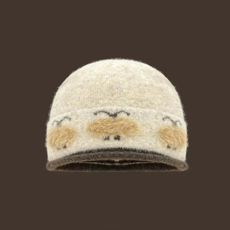 Fluffy Ram Knit Beanie Hat
