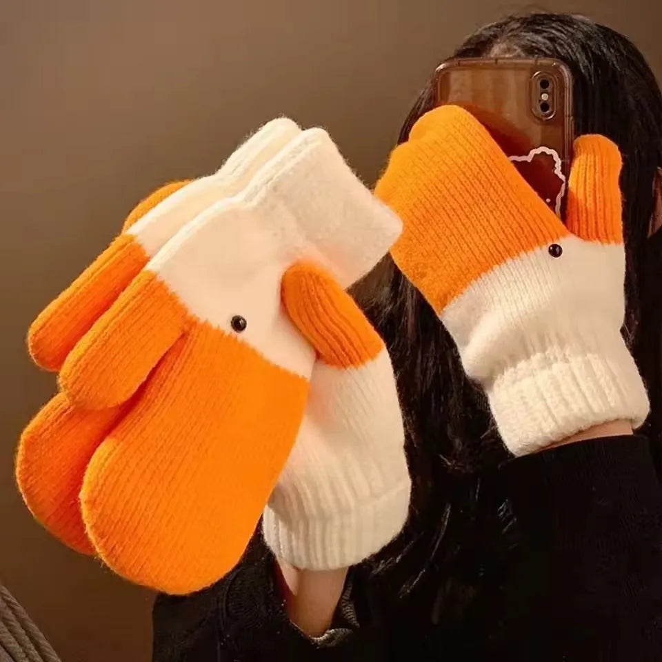 Funny Knitted Goose Wool Gloves for Autumn and Winter, Cute with Thick Velvet for Cold Protection and Warmth Double Layer Gloves - Ice Cream Cake