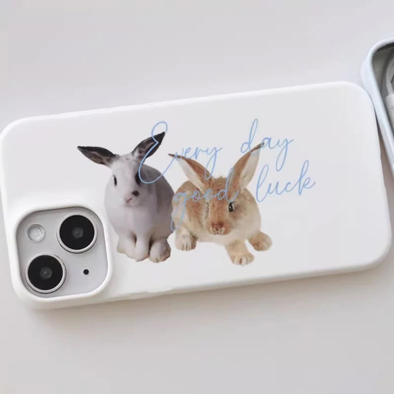 Korean Ins Cute Good Lucky Two Rabbits Cartoon Phone Case For iPhone 17 16 15 14 13 12 11 Pro XR XS X Max 8 7 Plus Y2K Cover - Ice Cream Cake