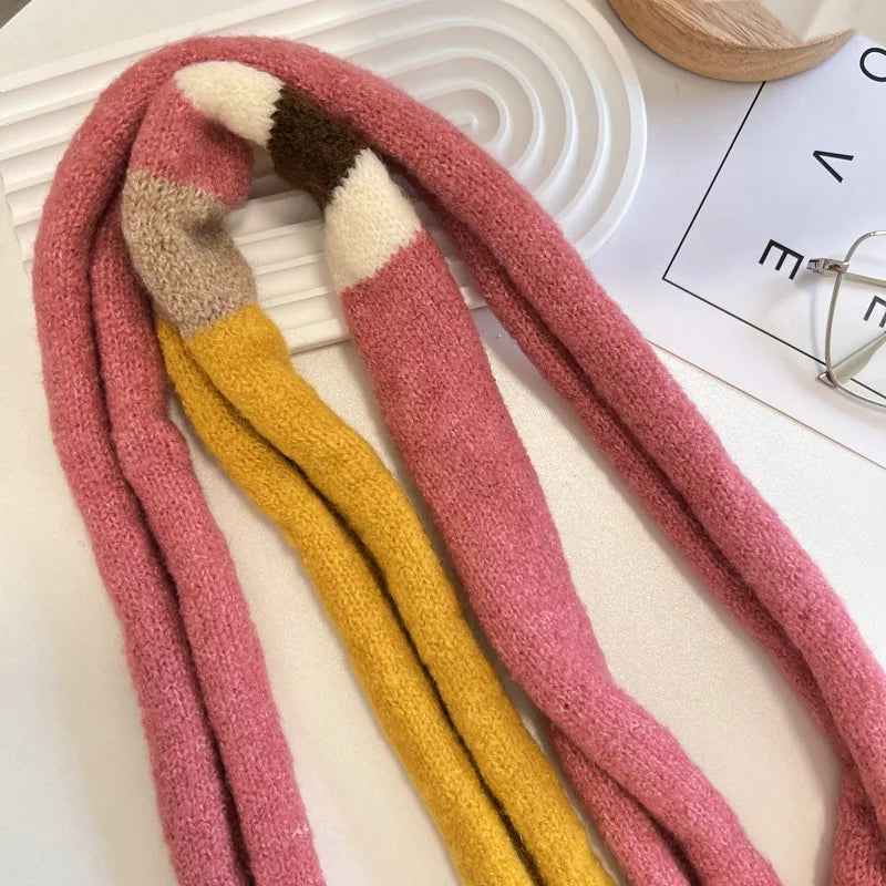 Wool Striped Plush Scarf Women's Niche Design Sense Spice Girl Versatile Decoration Korean Version Thin and Narrow Long Scarf - Ice Cream Cake