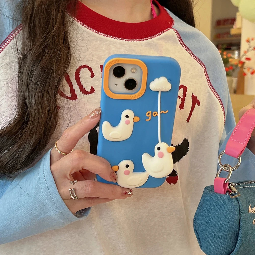 Cute 3D Duck Pendant Shockproof Cover Cartoon Shatter Silicone Soft Phone Case For iPhone 17 16 15 14 13 12 Pro Max - Ice Cream Cake