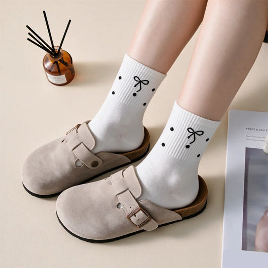 5 pairs Women Cute Polka Dot Bowknot Crew Socks Sweet Kawaii Japanese Style Cotton Mid Calf Socks Girls Casual Breathable - Ice Cream Cake