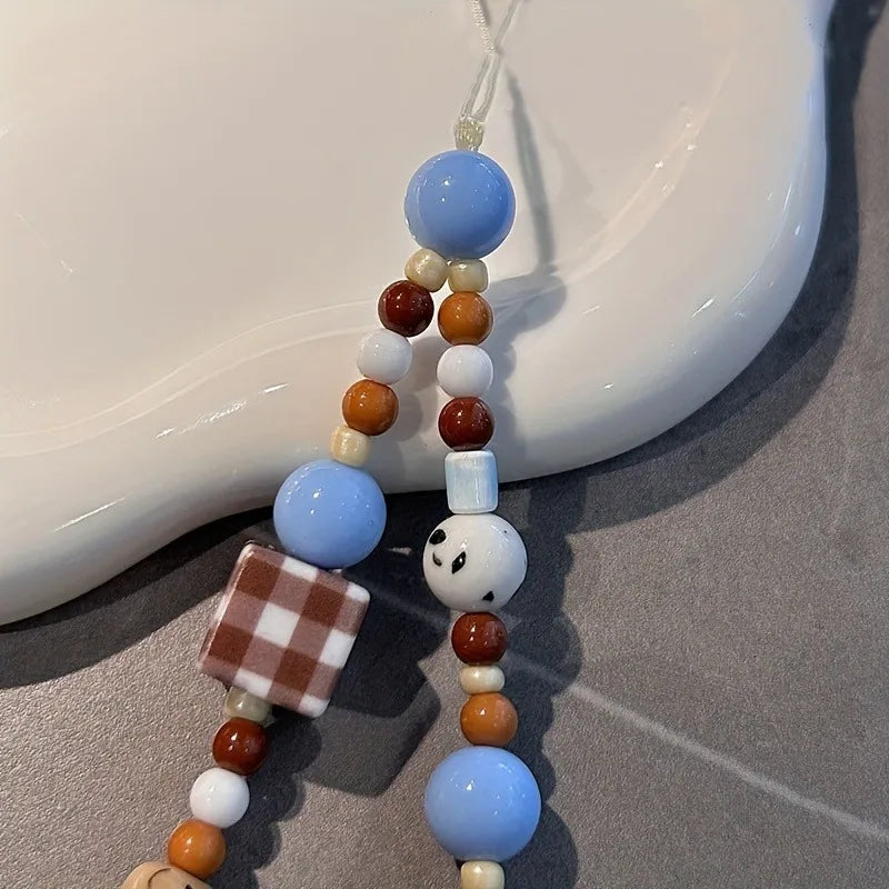 Korea Cute Brown Puppy Grid Block Blue Bead Beaded Phone Chain Charm Lanyard For iPhone 16 Samsung Universal Accessories Jewelry - Ice Cream Cake