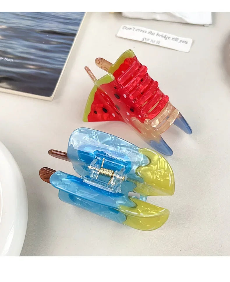 Creative Vacation Watermelon Ice Cream Hair Clip Summer Cartoon Chocolate Ice Cream Shark Clip Half-up Hair Accessory for Women - Ice Cream Cake