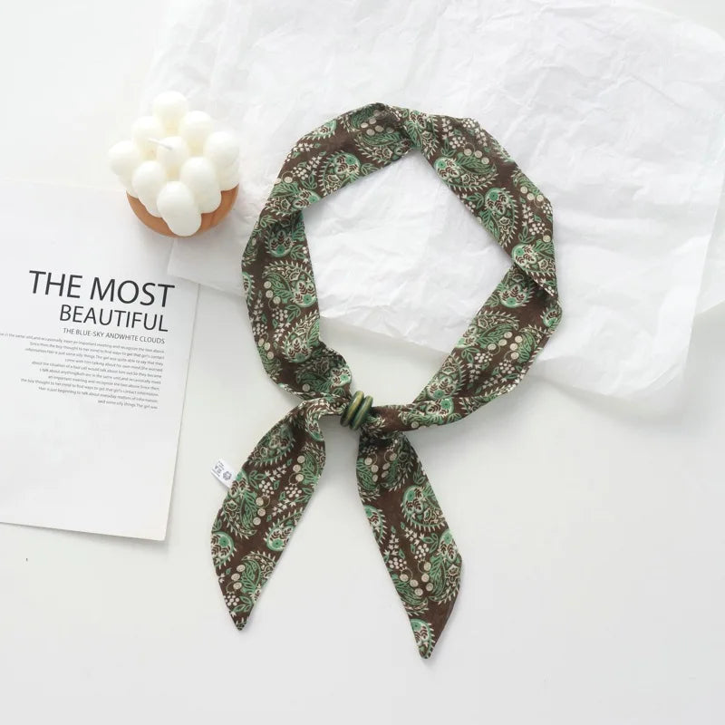 Retro Maillard Brown Floral Scarf Fashionable Old Money Style Light Luxury High-Grade Temperament Small Square Towel Lazy Scarf - Ice Cream Cake