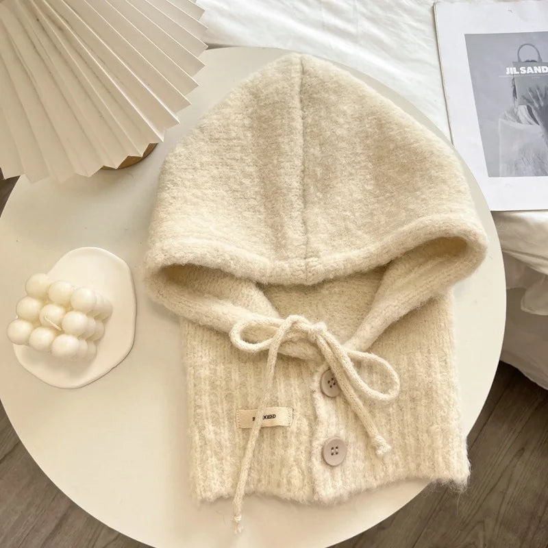 2025 New Style South Korea Balaclava Hat All-in-One Warm Keeping Ear Protection Hooded Scarf Knitted Woolen Cap - Ice Cream Cake