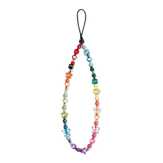 Multicolored beaded phone strap on a white background
