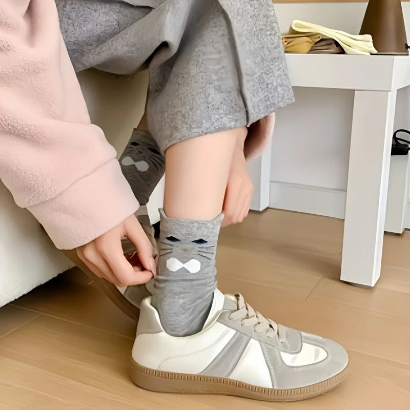 5 Pairs Cartoon Ear Kitten, Fashionable Cute Animal Cat Mid-Tube Socks - Ice Cream Cake