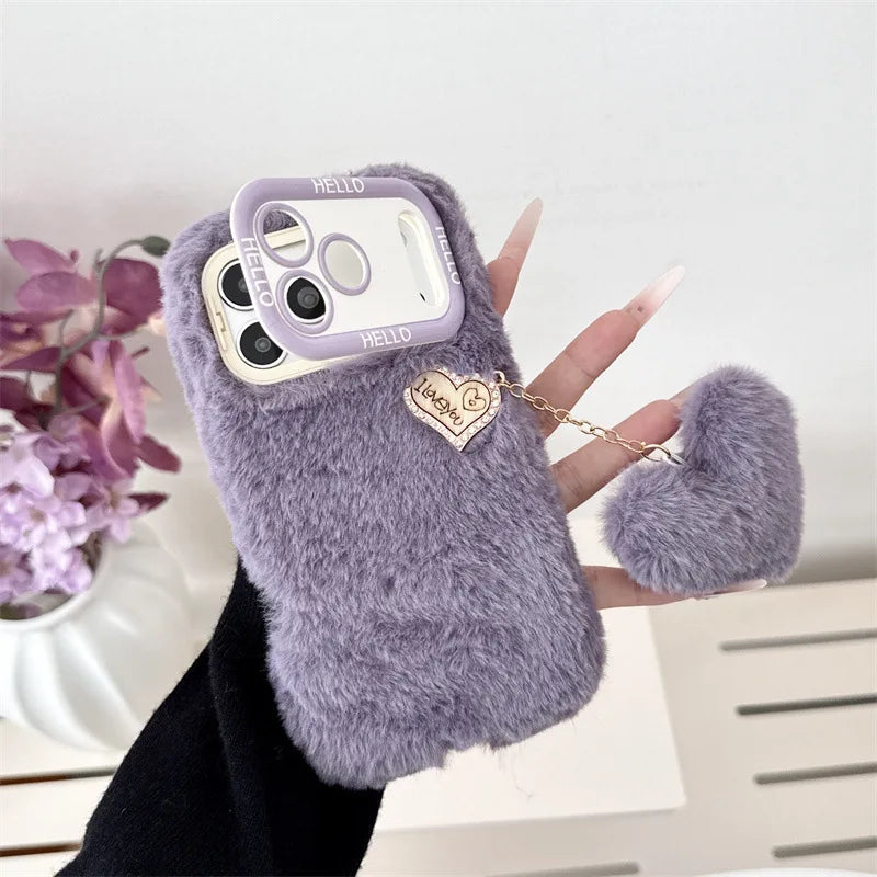 Faux Fur Fuzzy Heart Charm iPhone Case