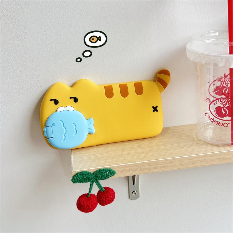3D Cute Cat Eat Fish Silicone Phone Case For iPhone 17ProMax 17 16 15 14 13 12 Pro Max Funny Cartoon Camera Protection Cover - Ice Cream Cake
