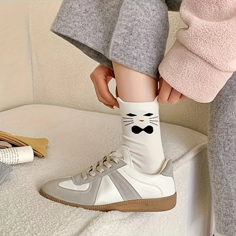5 Pairs Cartoon Ear Kitten, Fashionable Cute Animal Cat Mid-Tube Socks - Ice Cream Cake