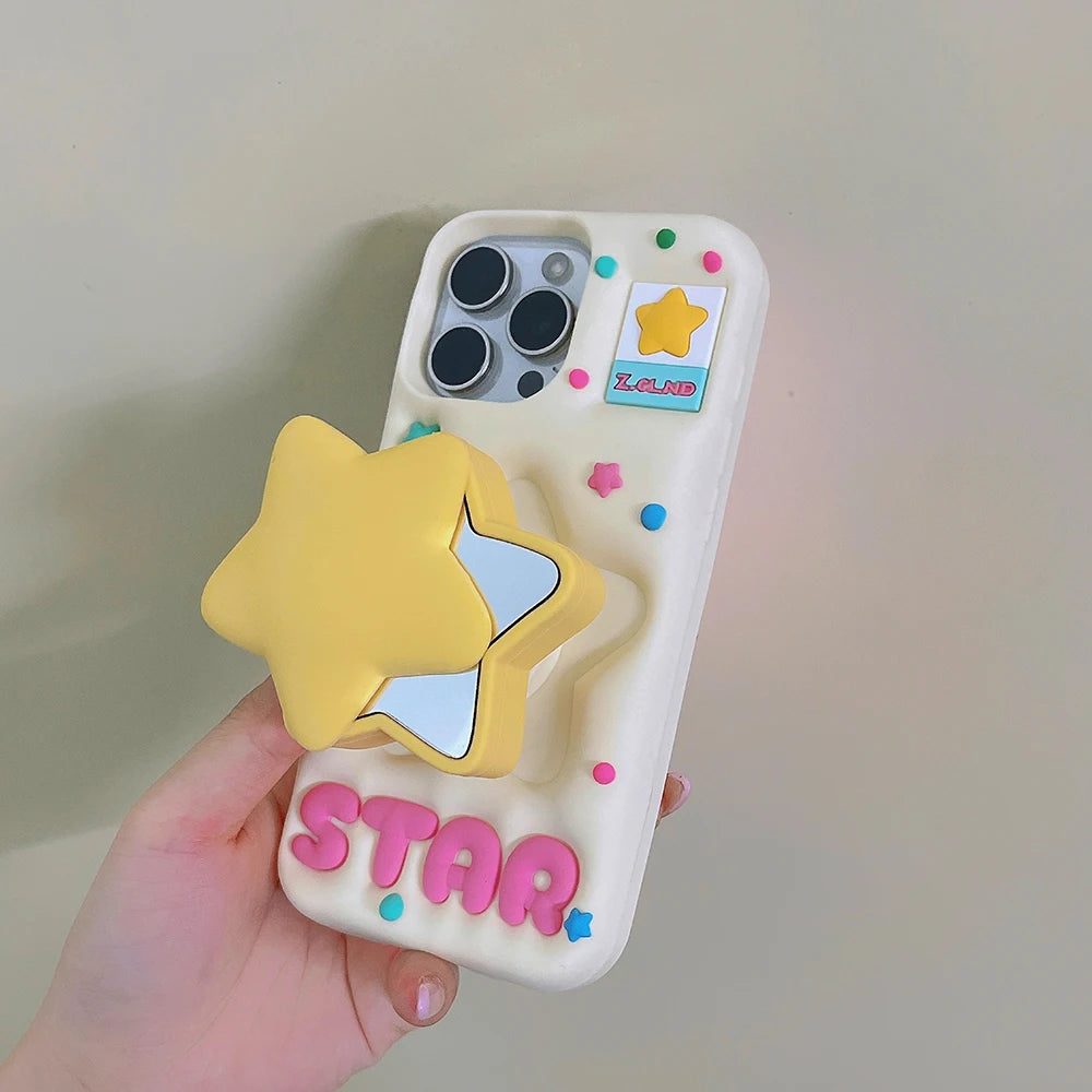 For iPhone 11 12 13 14 15 16 16e 17 Pro Max Funny 3D Star Telescopic Bracket Mirror Case Soft Silicone Stand Holder Cover - Ice Cream Cake