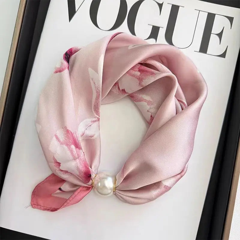 Spring Summer Thin Pearl Silk Scarves Magnetic Buckle Lazy Scarf Women Girls Sweet Elegant Pendant Collarbone Chain Neck Scarf - Ice Cream Cake