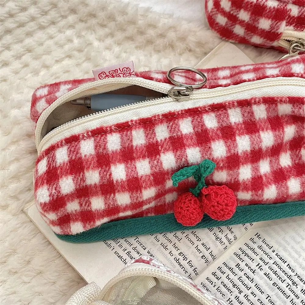 Winter Cat Gingham Zipper Pouch - Ice Cream Cake