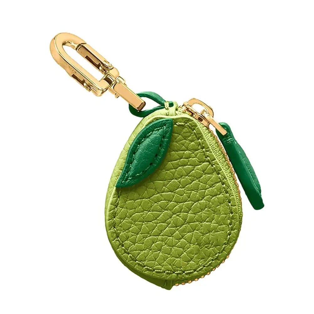 Green pear-shaped keychain with gold carabiner on a white background