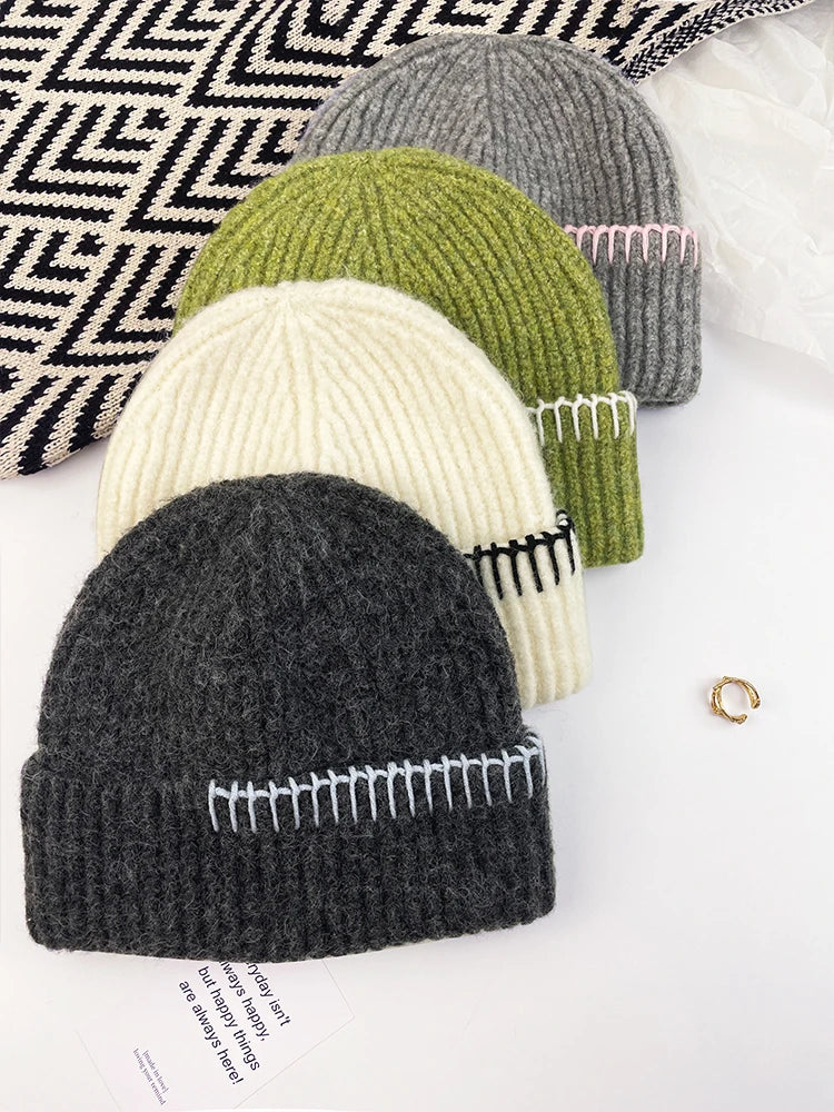 Contrast Border Ribbed Knit Beanie Hat