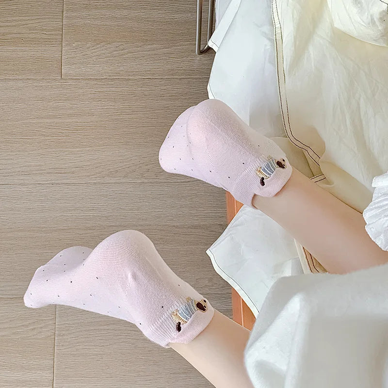Spring Summer Thin Women Short Socks Polka Dots Cute Cartoon Sausage Dog Embroidery Boat Socks Pure Cotton Short Trendy Socks - Ice Cream Cake
