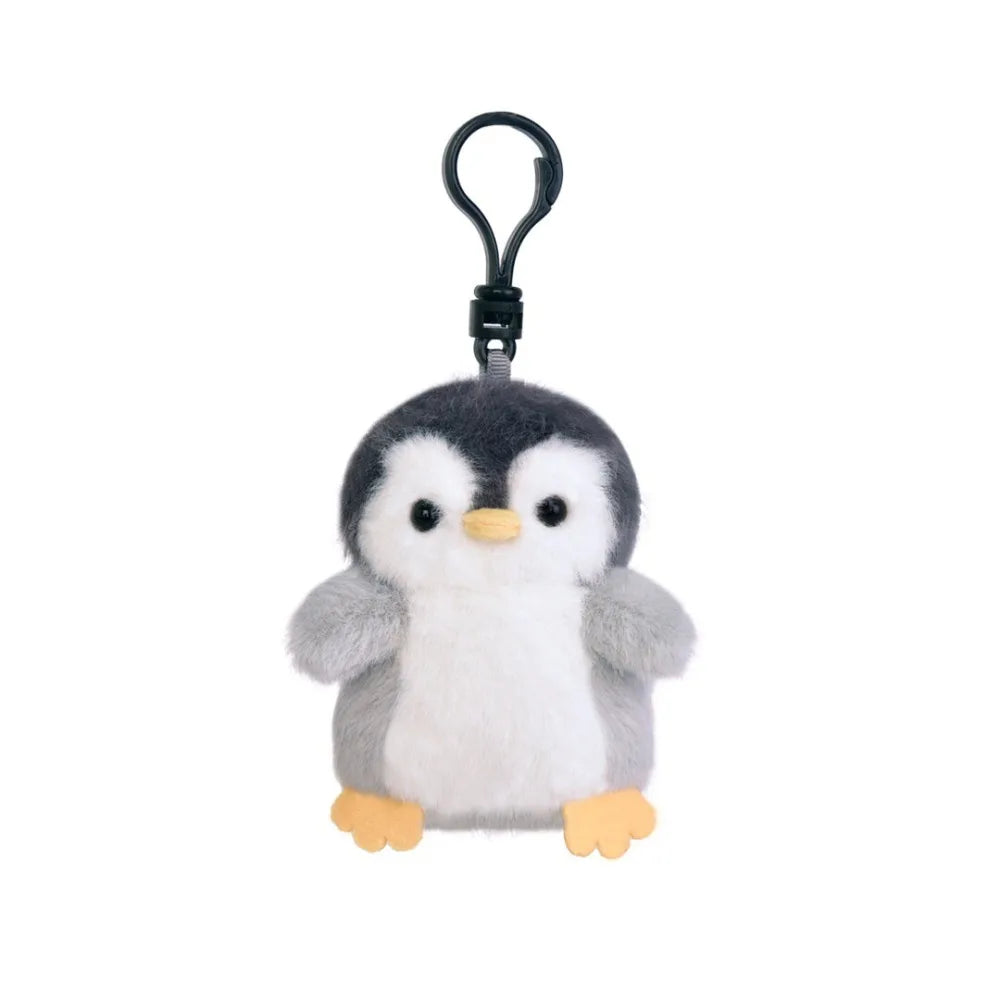 A plush penguin keychain charm with a black clip, featuring a white and gray body, black head, and yellow beak and feet, shown on a plain white background.