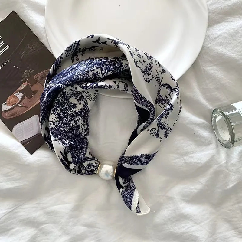 Spring Summer Thin Pearl Silk Scarves Magnetic Buckle Lazy Scarf Women Girls Sweet Elegant Pendant Collarbone Chain Neck Scarf - Ice Cream Cake