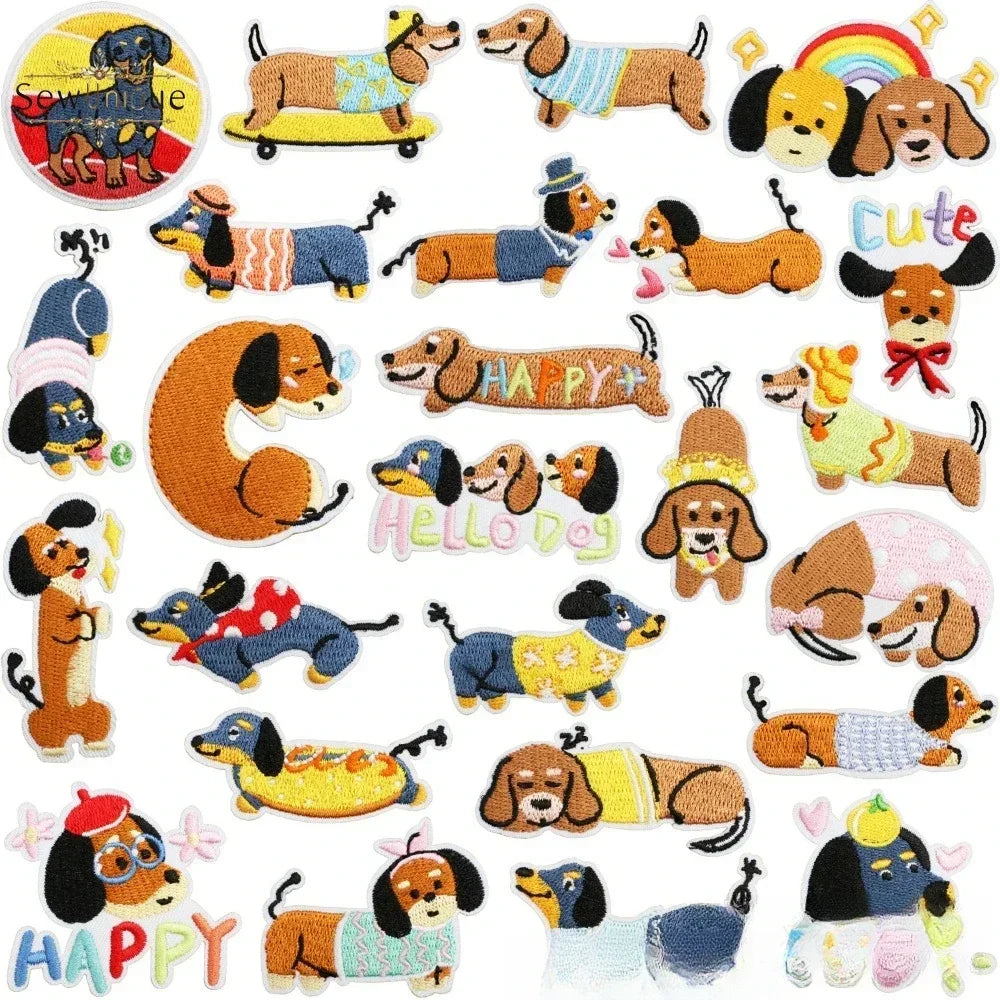 Collection of various dog-themed patches with different poses and outfits.