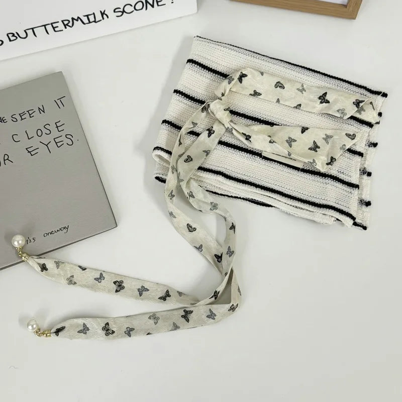 Faux Pearl Detail Skinny Scarf