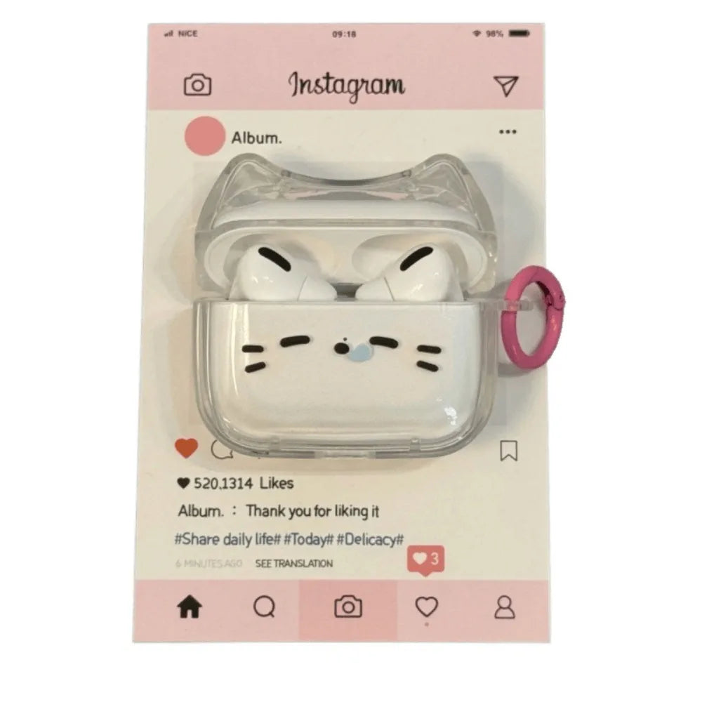 AirPod case with cartoon face design on a background resembling an Instagram album.