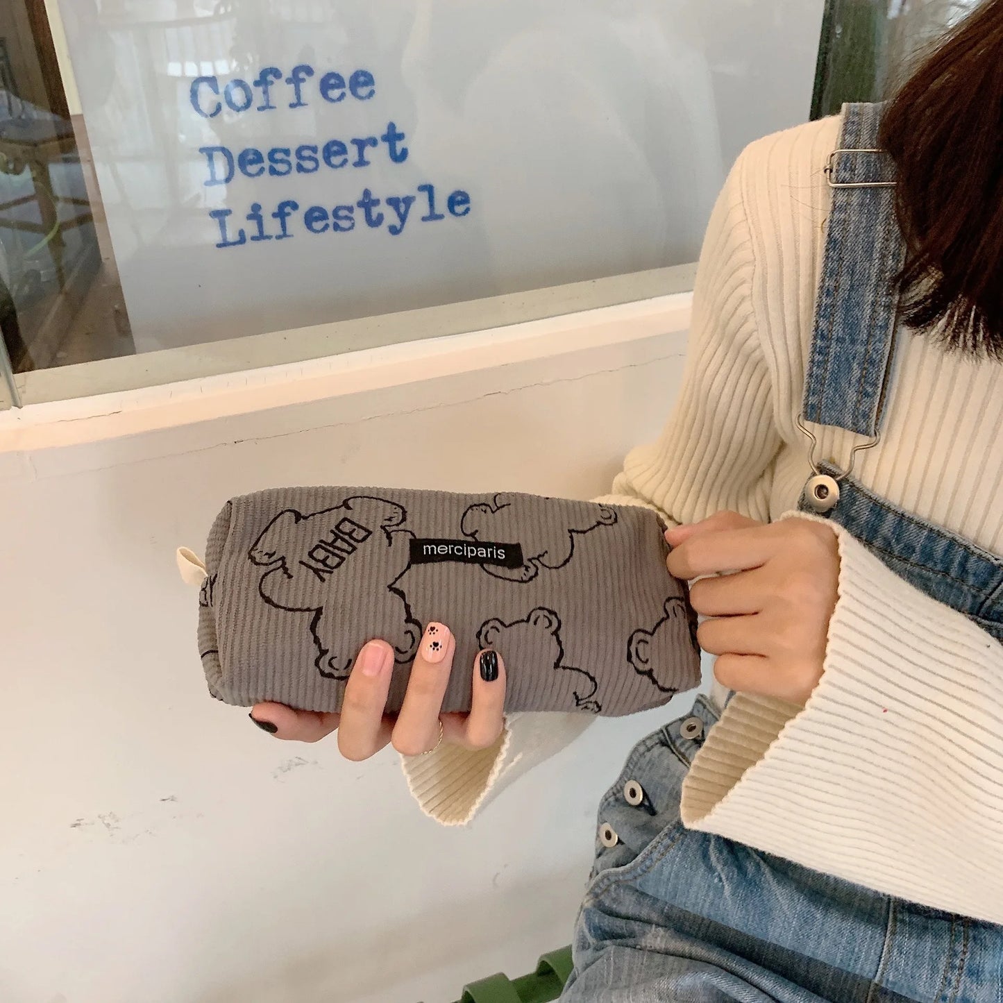 Corduroy Floral Travel Cosmetic Lipstick Purse Storage Bag Kawaii Women Makeup Handbags Organizer Wallet Pouch Pencil Case Bags - Ice Cream Cake