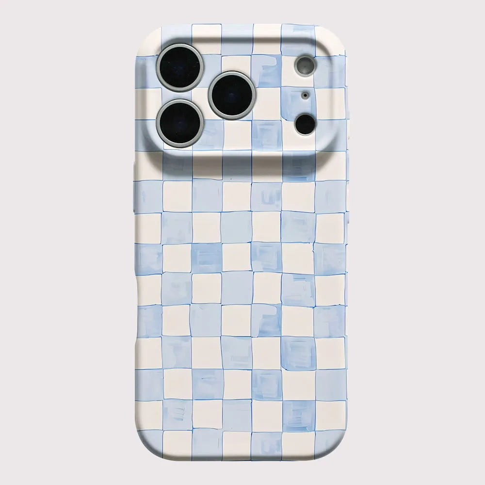 Phone case with a blue and white checkered pattern on a light gray background
