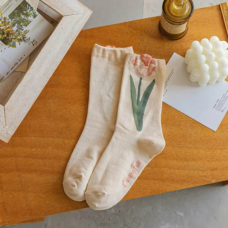 Women Socks Japanese Korean Style Cartoon Flower Rabbit Harajuku Cute Kawaii Mid Tube Breathable Casual Short Cotton Socks - Ice Cream Cake