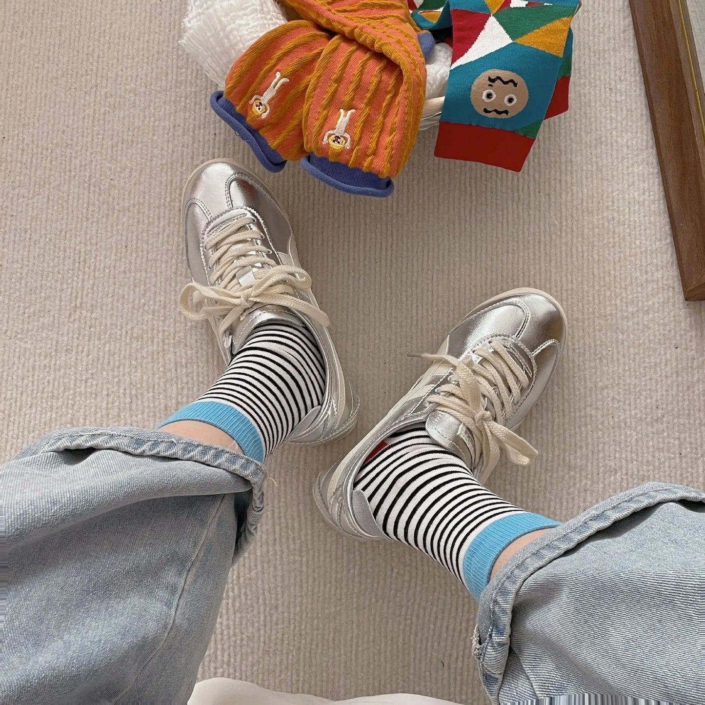 Happy Stripe Character Crew Socks - Ice Cream Cake