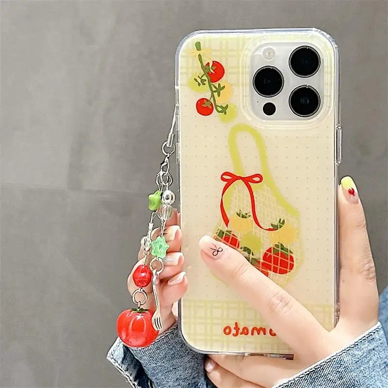 Korean Cute Shopping Bag Phone Case For iPhone 17 16 15 14 13 12 11 Pro Max 16E 17Air 7 8 Plus With Red Tomato Pendants Cover - Ice Cream Cake